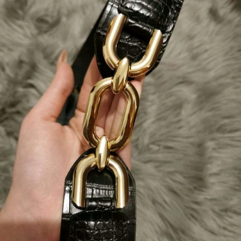 Womens Black Vegan leather elegant corset chunky Gold link boho wide waist belt - Picture 7 of 14